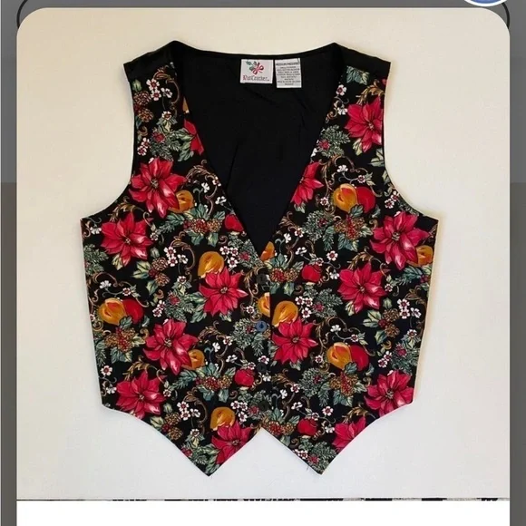 Vintage NUTCRACKER Womens Vest Christmas Holly Poinsettia Floral Multicolor - Picture 6 of 9